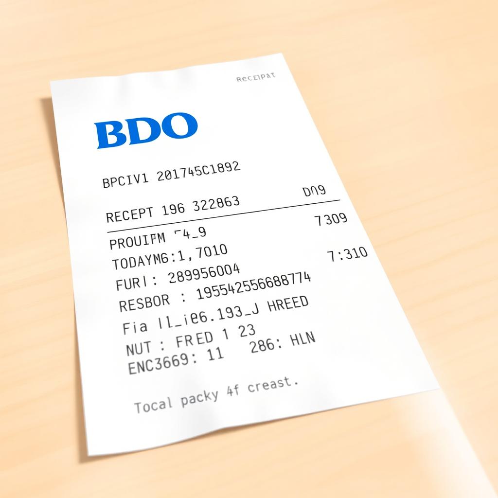A detailed and realistic depiction of a BDO bank receipt issued by Ricky Azores Hidalgo