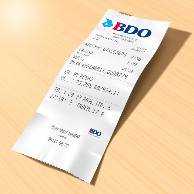 A detailed and realistic depiction of a BDO bank receipt issued by Ricky Azores Hidalgo