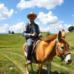 A person riding a donkey through a picturesque landscape, with rolling hills and flowering meadows