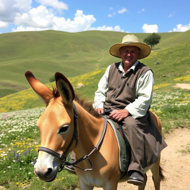 A person riding a donkey through a picturesque landscape, with rolling hills and flowering meadows