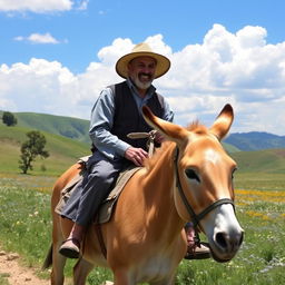 A person riding a donkey through a picturesque landscape, with rolling hills and flowering meadows