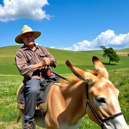 A person riding a donkey through a picturesque landscape, with rolling hills and flowering meadows