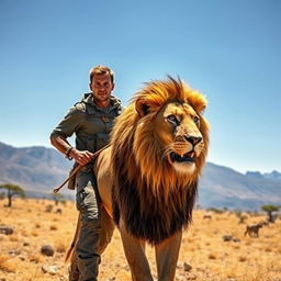 A powerful scene depicting a person confidently leading a majestic lion on a leash