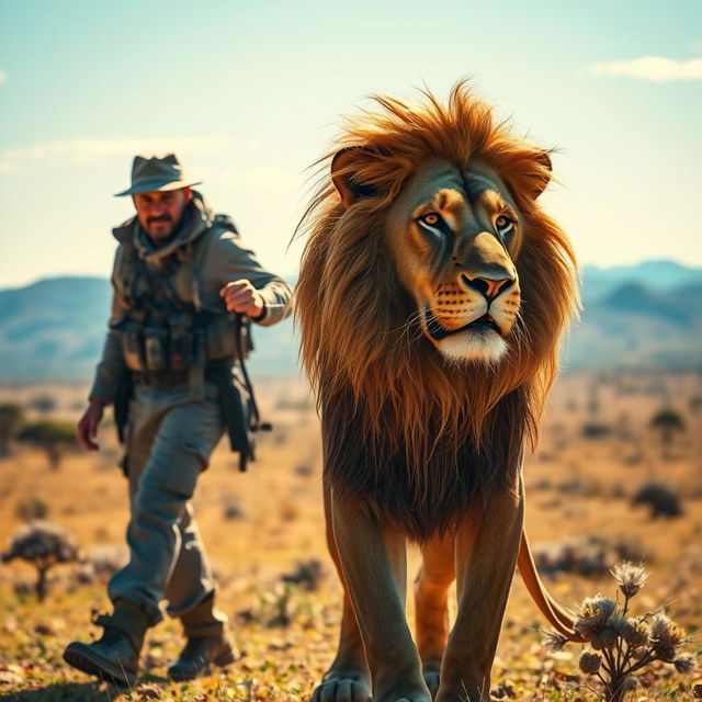 A powerful scene depicting a person confidently leading a majestic lion on a leash