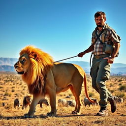 A powerful scene depicting a person confidently leading a majestic lion on a leash