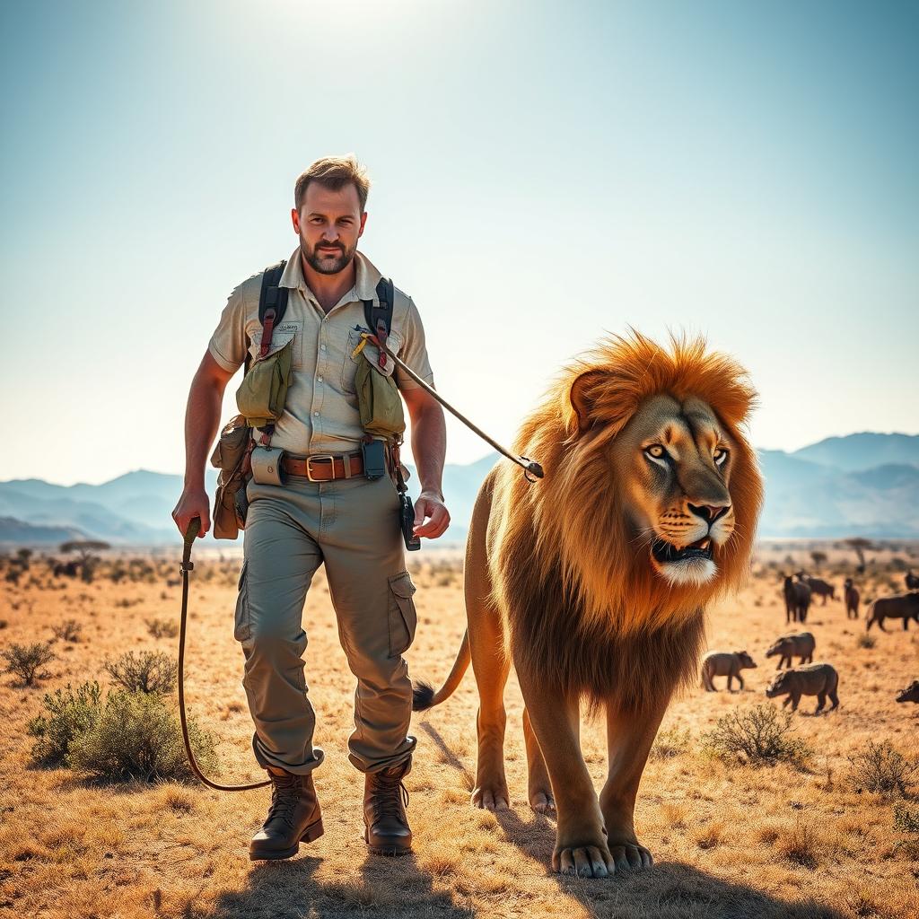 A powerful scene depicting a person confidently leading a majestic lion on a leash