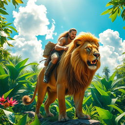 A majestic scene depicting a person riding confidently atop a powerful lion, showcasing a harmonious bond between human and animal