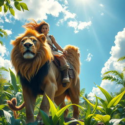 A majestic scene depicting a person riding confidently atop a powerful lion, showcasing a harmonious bond between human and animal