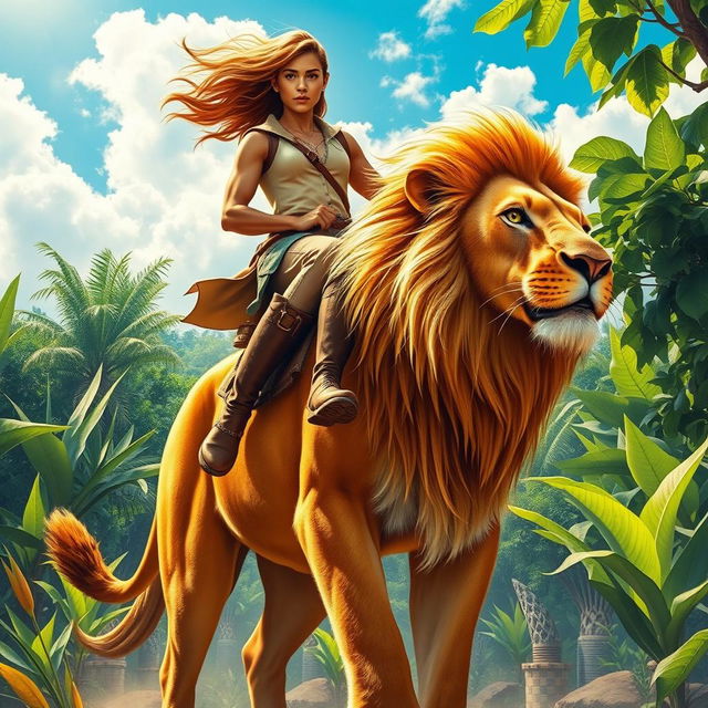 A majestic scene depicting a person riding confidently atop a powerful lion, showcasing a harmonious bond between human and animal