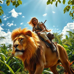 A majestic scene depicting a person riding confidently atop a powerful lion, showcasing a harmonious bond between human and animal