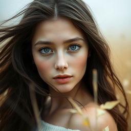 A portrait of a young woman in a slightly misty natural environment