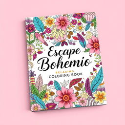 A vibrant and artistic book cover design for a coloring book titled 'Escape Bohemio: Relaxing Coloring Book'