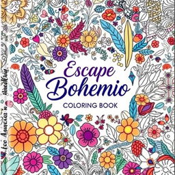A vibrant and artistic book cover design for a coloring book titled 'Escape Bohemio: Relaxing Coloring Book'