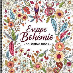A vibrant and artistic book cover design for a coloring book titled 'Escape Bohemio: Relaxing Coloring Book'