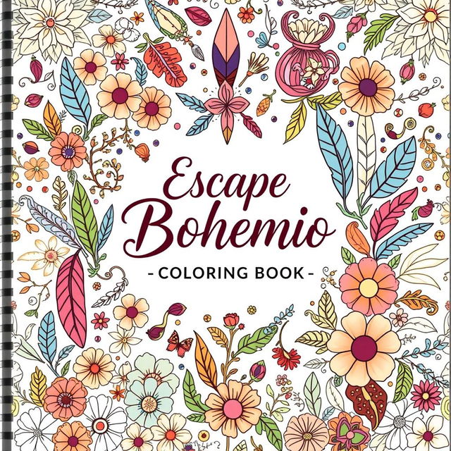 A vibrant and artistic book cover design for a coloring book titled 'Escape Bohemio: Relaxing Coloring Book'