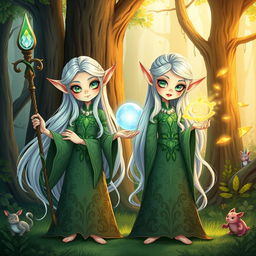 A whimsical illustration of two twin elf enchanters, both with long flowing silver hair and sparkling emerald green eyes