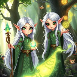A whimsical illustration of two twin elf enchanters, both with long flowing silver hair and sparkling emerald green eyes