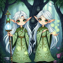A whimsical illustration of two twin elf enchanters, both with long flowing silver hair and sparkling emerald green eyes