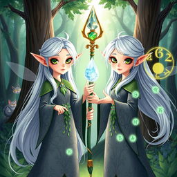 A whimsical illustration of two twin elf enchanters, both with long flowing silver hair and sparkling emerald green eyes