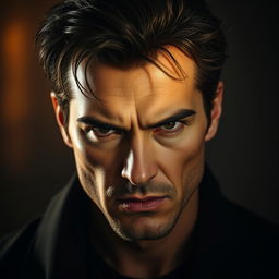 A portrait of a male figure with a strong and impressive appearance