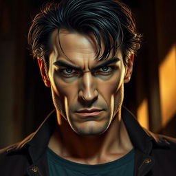 A portrait of a male figure with a strong and impressive appearance