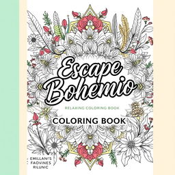 A captivating and artistic book cover design for a coloring book titled 'Escape Bohemio: Relaxing Coloring Book'