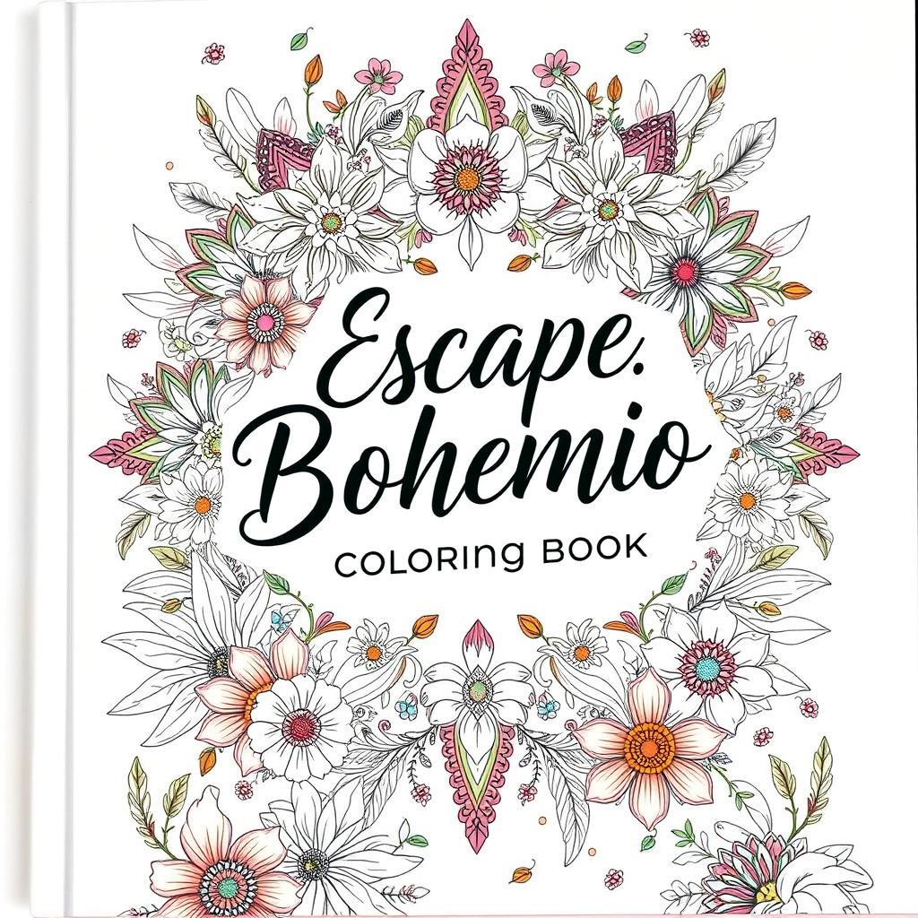 A captivating and artistic book cover design for a coloring book titled 'Escape Bohemio: Relaxing Coloring Book'