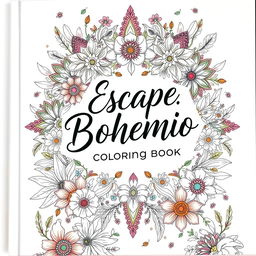 A captivating and artistic book cover design for a coloring book titled 'Escape Bohemio: Relaxing Coloring Book'