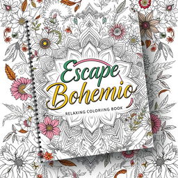 A captivating and artistic book cover design for a coloring book titled 'Escape Bohemio: Relaxing Coloring Book'