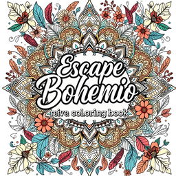 A captivating and artistic book cover design for a coloring book titled 'Escape Bohemio: Relaxing Coloring Book'