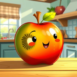 A whimsical and colorful illustration of a kiwi fruit that has been creatively combined with an apple, featuring a vibrant green skin with speckled brown and a shiny red apple-like surface, sitting on a wooden table with light reflecting off its glossy surface