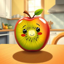 A whimsical and colorful illustration of a kiwi fruit that has been creatively combined with an apple, featuring a vibrant green skin with speckled brown and a shiny red apple-like surface, sitting on a wooden table with light reflecting off its glossy surface