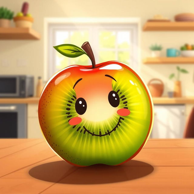 A whimsical and colorful illustration of a kiwi fruit that has been creatively combined with an apple, featuring a vibrant green skin with speckled brown and a shiny red apple-like surface, sitting on a wooden table with light reflecting off its glossy surface