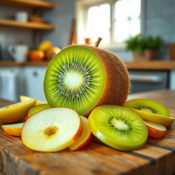 A vivid and imaginative depiction of a kiwi fruit with the traits of an apple, showcasing a bright green kiwi skin that retains its fuzzy texture while being visually transformed into a glossy, smooth texture similar to that of an apple