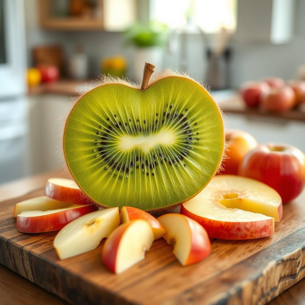 A vivid and imaginative depiction of a kiwi fruit with the traits of an apple, showcasing a bright green kiwi skin that retains its fuzzy texture while being visually transformed into a glossy, smooth texture similar to that of an apple