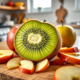A vivid and imaginative depiction of a kiwi fruit with the traits of an apple, showcasing a bright green kiwi skin that retains its fuzzy texture while being visually transformed into a glossy, smooth texture similar to that of an apple