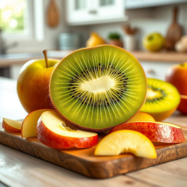 A vivid and imaginative depiction of a kiwi fruit with the traits of an apple, showcasing a bright green kiwi skin that retains its fuzzy texture while being visually transformed into a glossy, smooth texture similar to that of an apple