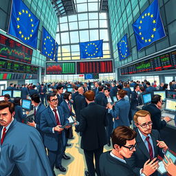 A dynamic and detailed illustration depicting the bustling atmosphere of a European stock market on a vibrant trading day