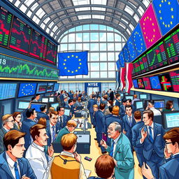 A dynamic and detailed illustration depicting the bustling atmosphere of a European stock market on a vibrant trading day