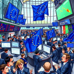 A dynamic and detailed illustration depicting the bustling atmosphere of a European stock market on a vibrant trading day