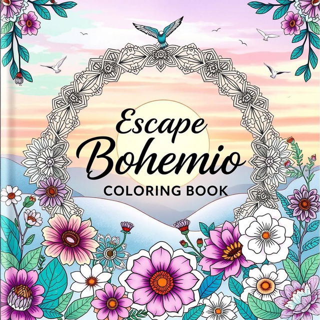 An artistic book cover for 'Escape Bohemio: Relaxing Coloring Book', featuring a serene bohemian landscape with vibrant colors