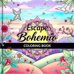 An artistic book cover for 'Escape Bohemio: Relaxing Coloring Book', featuring a serene bohemian landscape with vibrant colors