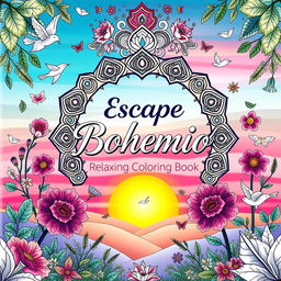 An artistic book cover for 'Escape Bohemio: Relaxing Coloring Book', featuring a serene bohemian landscape with vibrant colors