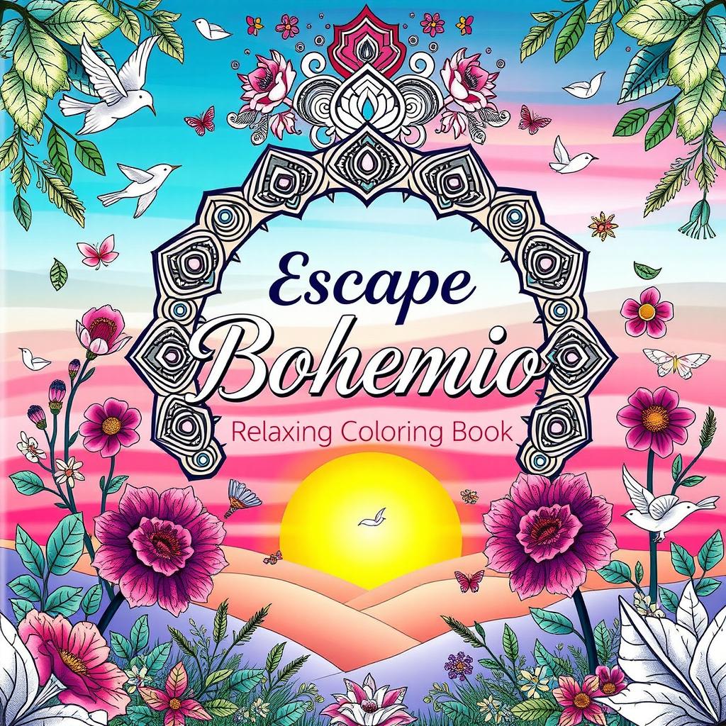 An artistic book cover for 'Escape Bohemio: Relaxing Coloring Book', featuring a serene bohemian landscape with vibrant colors