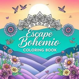 An artistic book cover for 'Escape Bohemio: Relaxing Coloring Book', featuring a serene bohemian landscape with vibrant colors