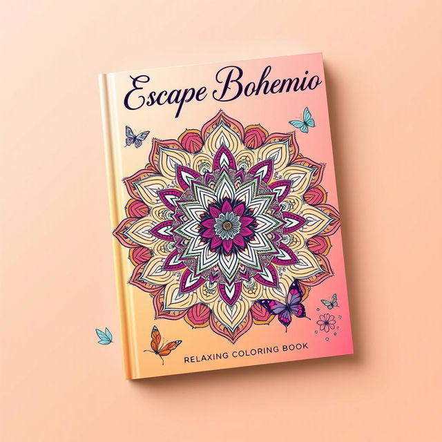 A vibrant and artistic book cover for 'Escape Bohemio: Relaxing Coloring Book'