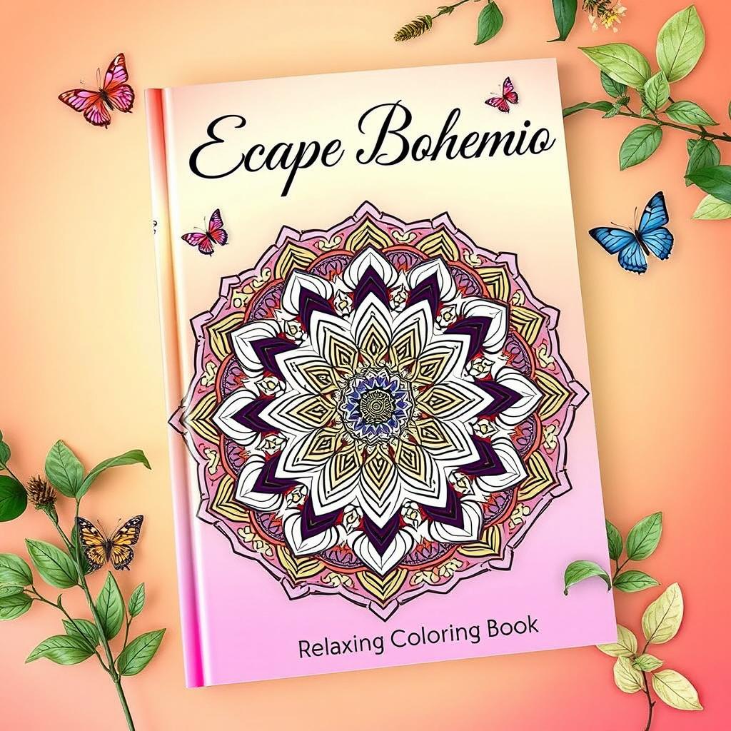 A vibrant and artistic book cover for 'Escape Bohemio: Relaxing Coloring Book'