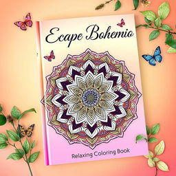 A vibrant and artistic book cover for 'Escape Bohemio: Relaxing Coloring Book'