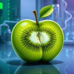 A conceptual illustration of a genetically modified kiwi fruit that embodies the traits of an apple, showcasing a bright green exterior with a glossy, smooth texture reminiscent of an apple's surface