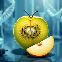A conceptual illustration of a genetically modified kiwi fruit that embodies the traits of an apple, showcasing a bright green exterior with a glossy, smooth texture reminiscent of an apple's surface